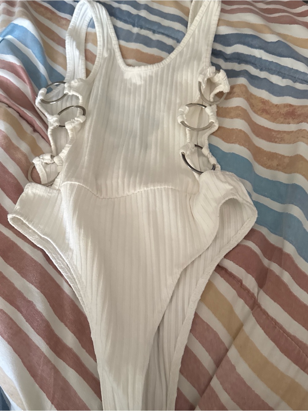 Forever 21 White Ribbed Bodysuit with Side Ring Accents
